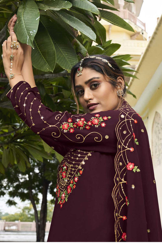 Wine Color Inventive Sharara Suit In Georgette Fabric