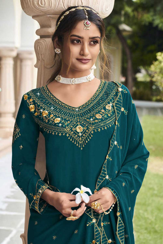 Teal Color Georgette Fabric Alluring Sharara Suit