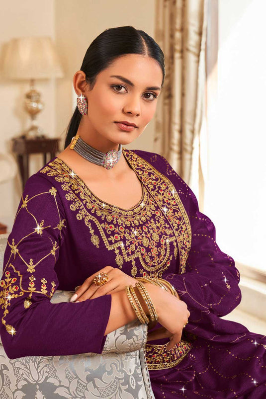 Incredible Vichitra Fabric Purple Color Pakistani Replica Suit