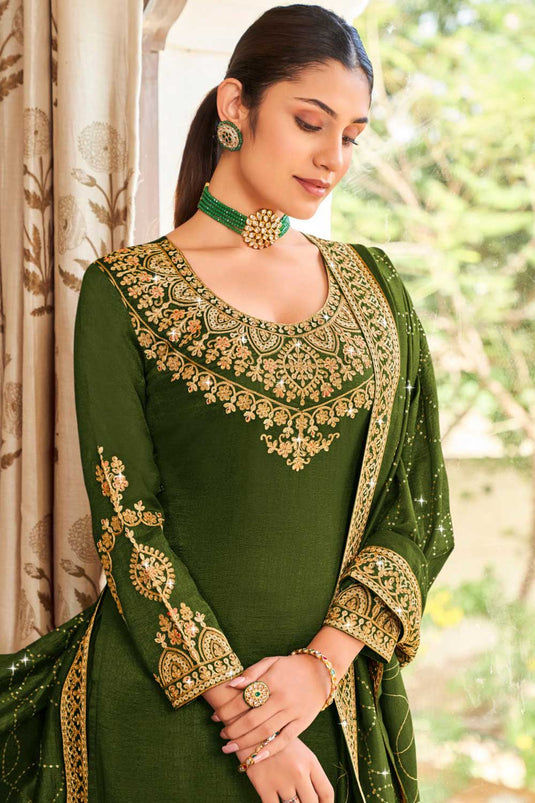 Creative Vichitra Fabric Pakistani Replica Suit In Mehendi Green Color