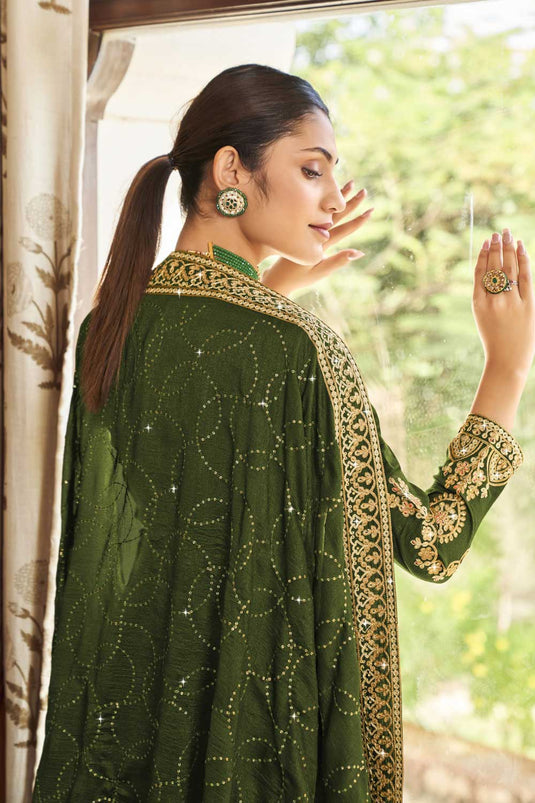 Creative Vichitra Fabric Pakistani Replica Suit In Mehendi Green Color