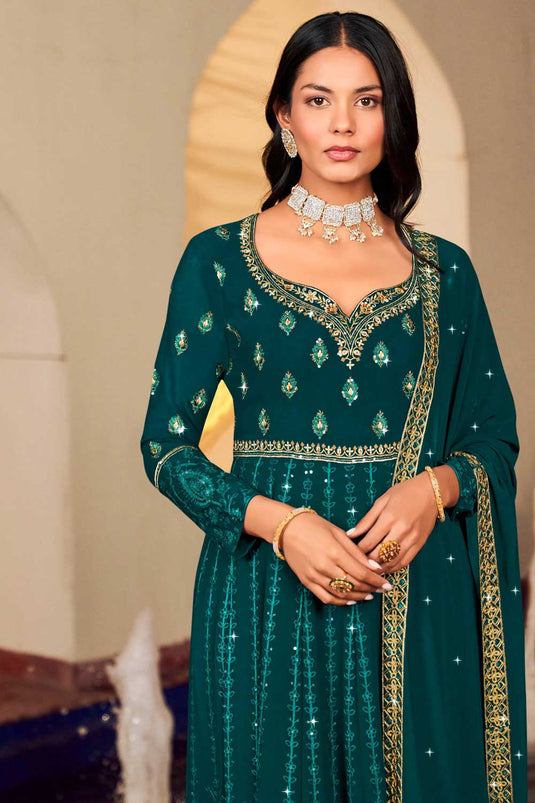 Teal Color Georgette Readymade Anarkali Suit For Sangeet