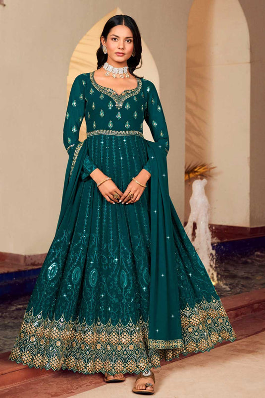 Teal Color Georgette Readymade Anarkali Suit For Sangeet