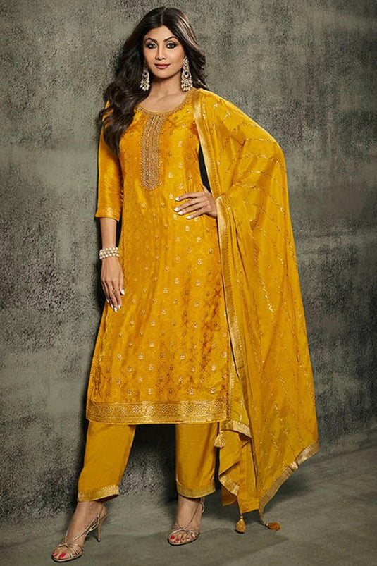 Shilpa Shetty Embroidered Jacquard Fabric Designer Straight Cut Long Salwar Kameez