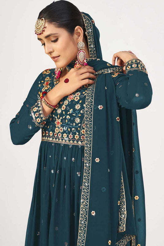 Engaging Teal Color Function Wear Georgette Pakistani Replica Suit