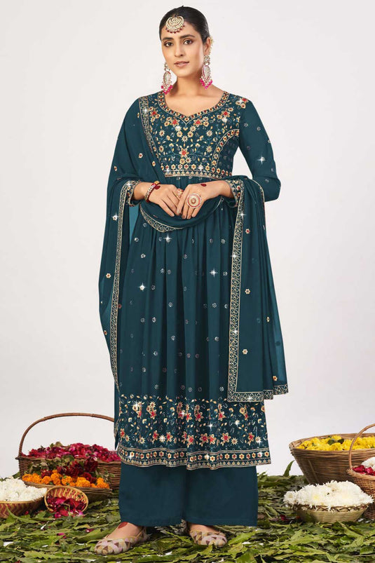 Engaging Teal Color Function Wear Georgette Pakistani Replica Suit