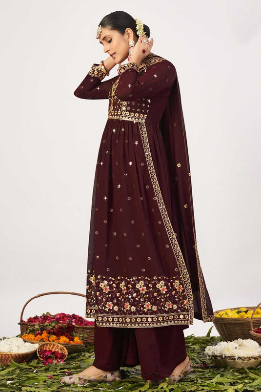 Classic Brown Color Function Wear Georgette Pakistani Replica Suit