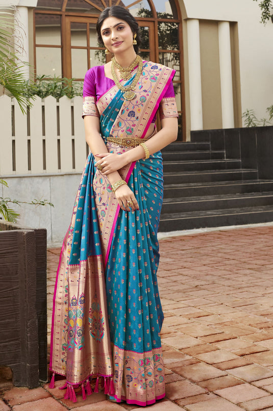 Kanchipuram Silk Fabric Teal Color Beatific Look Meenakari Work Saree