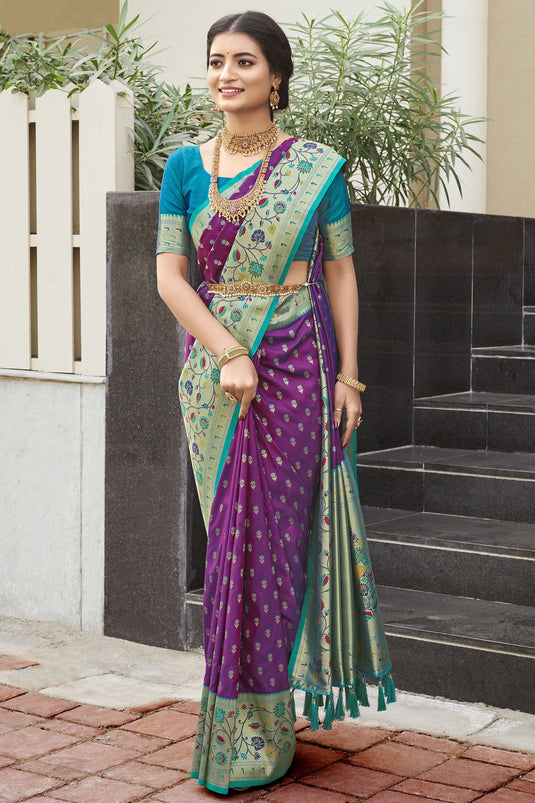 Kanchipuram Silk Fabric Captivating Purple Color Meenakari Work Saree