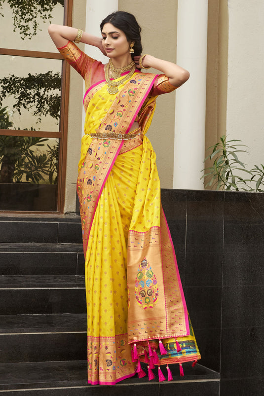 Yellow Color Kanchipuram Silk Fabric Glamorous Look Meenakari Work Saree