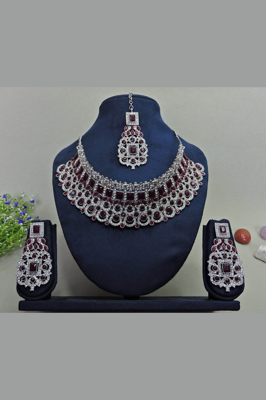 Maroon Color Riveting Alloy Necklace With Earrings and Mang Tikka