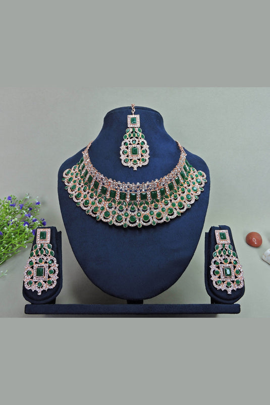 Green Color Patterned Alloy Necklace With Earrings and Mang Tikka