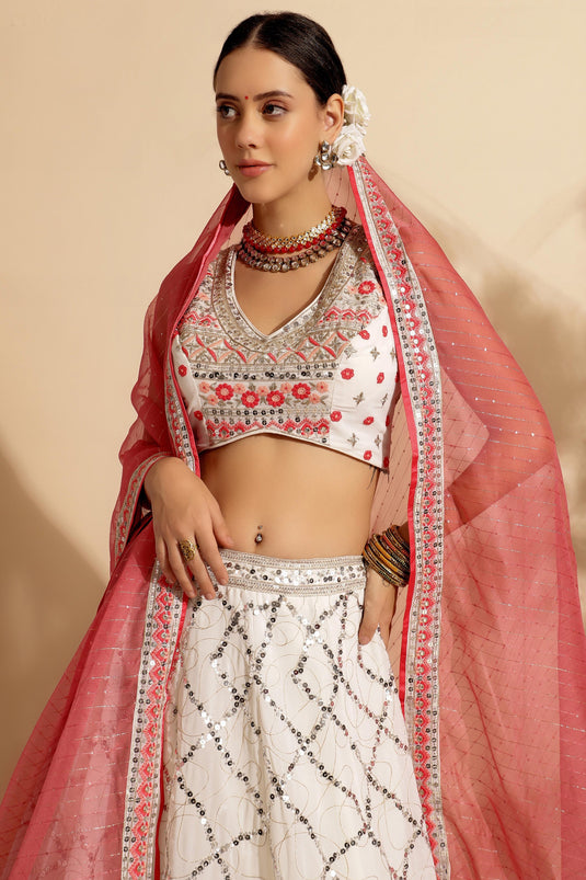 Georgette Fabric Off White Color Lehenga With Winsome Sequins Work