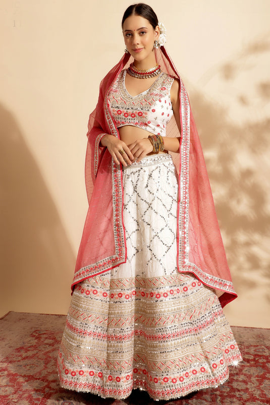 Georgette Fabric Off White Color Lehenga With Winsome Sequins Work