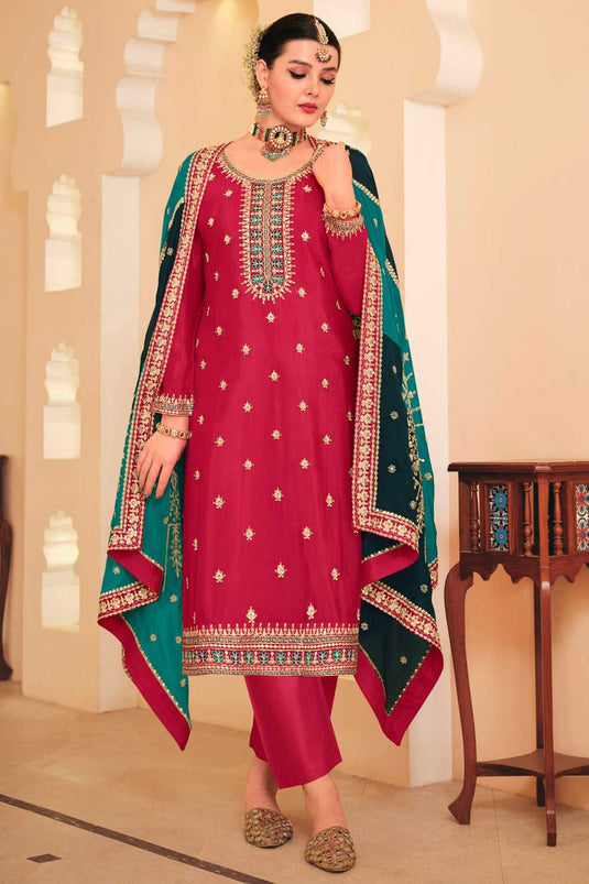 Charming Pink Color Chinon Fabric Pakistani Replica Suit