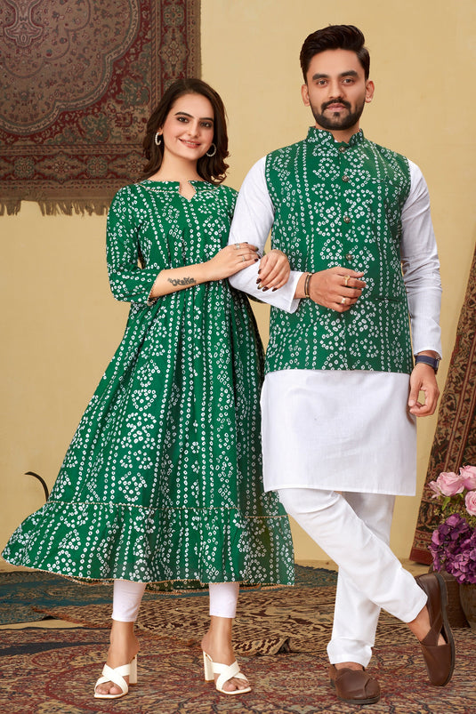 Excellent Cotton Fabric Green Color Readymade Bandhani Printed Kurti With Bottom