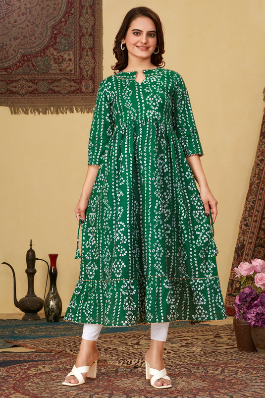 Excellent Cotton Fabric Green Color Readymade Bandhani Printed Kurti With Bottom