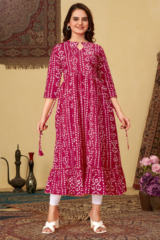 Pink Color Cotton Fabric Beatific Readymade Bandhani Printed Kurti With Bottom