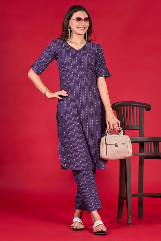 Beguiling Purple Color Cotton Fabric Readymade Casual Kurti With Bottom