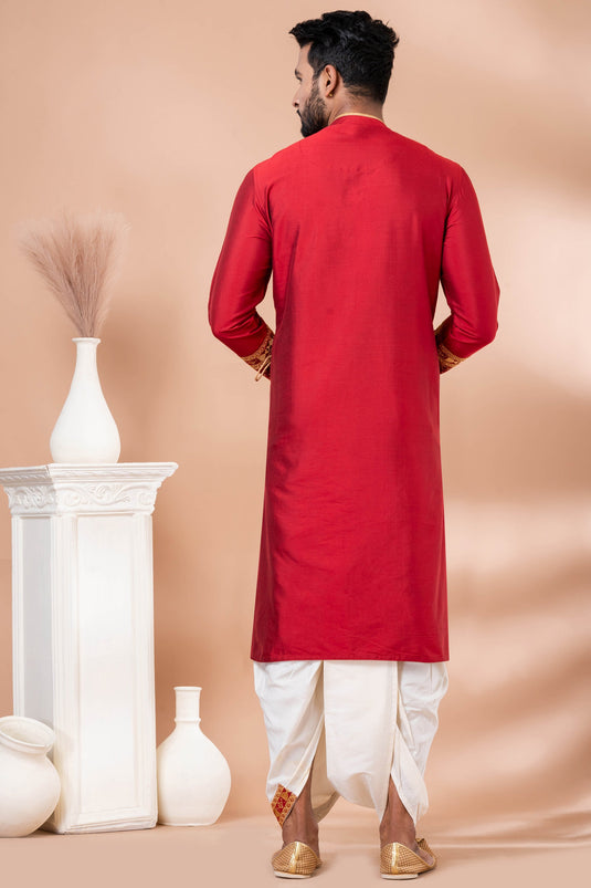 Red Color Viscose Fabric Festive Wear Readymade Lovely Embroidery Kurta Pyjama For Men