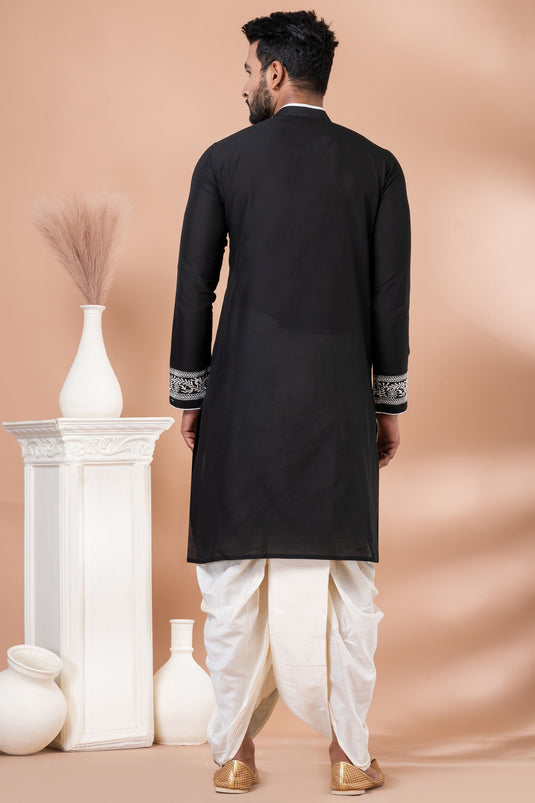 Embroidery Pretty Viscose Fabric Sangeet Wear Readymade Men Kurta Pyjama In Black Color