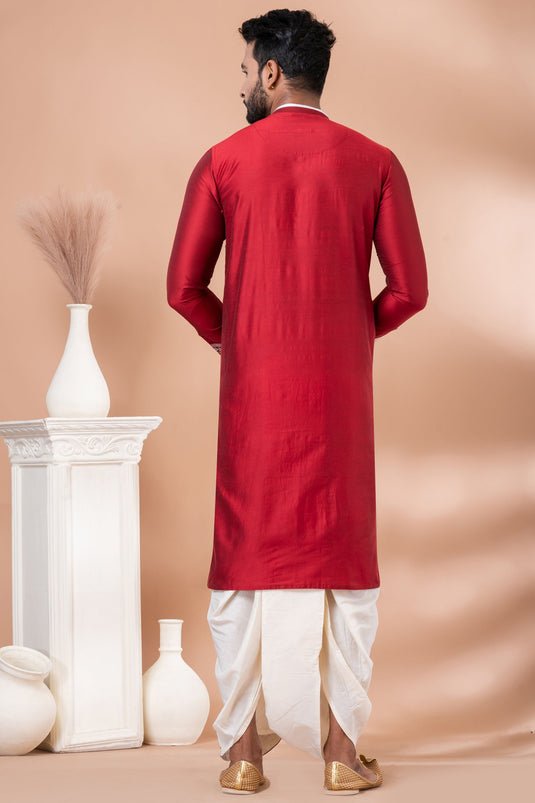 Beautiful Embroidery Red Color Wedding Wear Readymade Kurta Pyjama For Men In Viscose Fabric