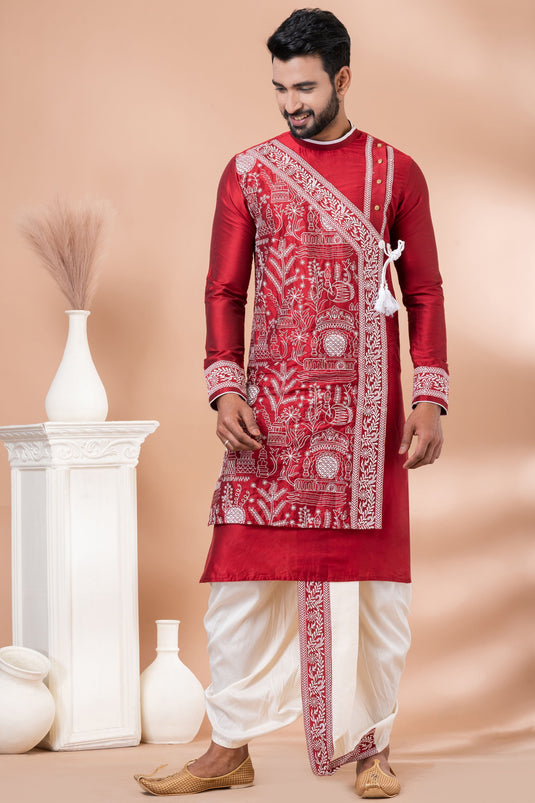 Beautiful Embroidery Red Color Wedding Wear Readymade Kurta Pyjama For Men In Viscose Fabric