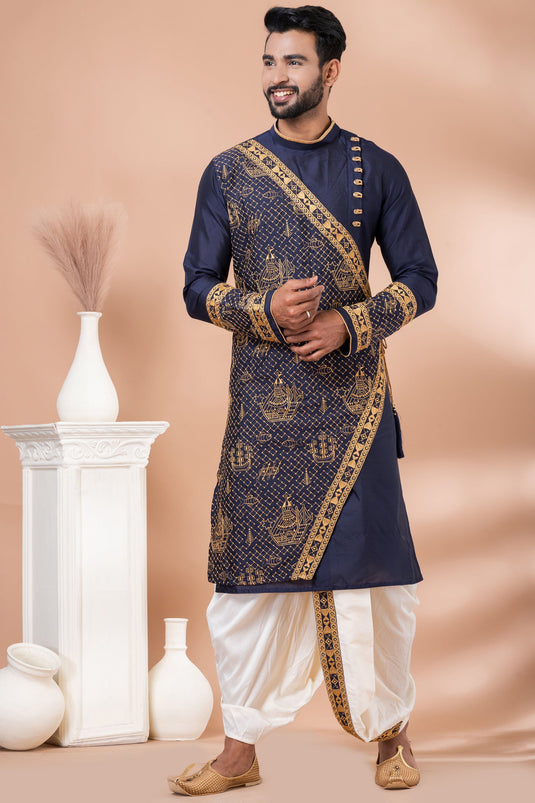 Viscose Fabric Reception Wear Attractive Embroidery Readymade Men Kurta Pyjama In Navy Blue Color