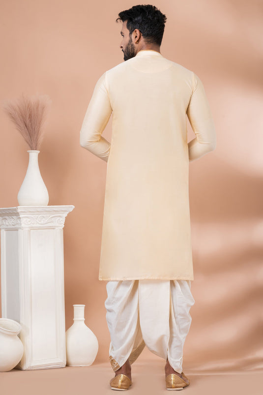 Beige Color Function Wear Readymade Glamorous Embroidery Kurta Pyjama For Men In Viscose Fabric