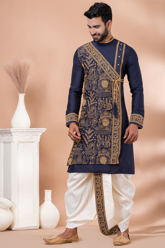 Embroidery Navy Blue Viscose Graceful Readymade Men Kurta Pyjama For Festive Wear