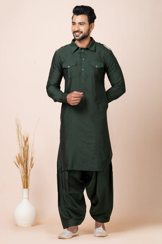 Elegant Viscose Fabric Dark Green Color Pathani Kurta Pyjama Set