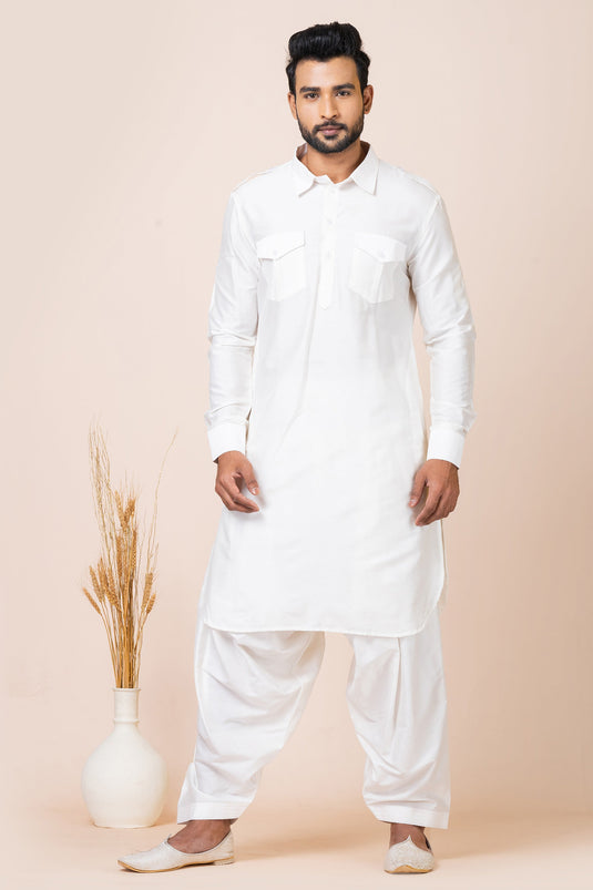 Traditional White Color Viscose Fabric Pathani Kurta Pyjama Set For Men