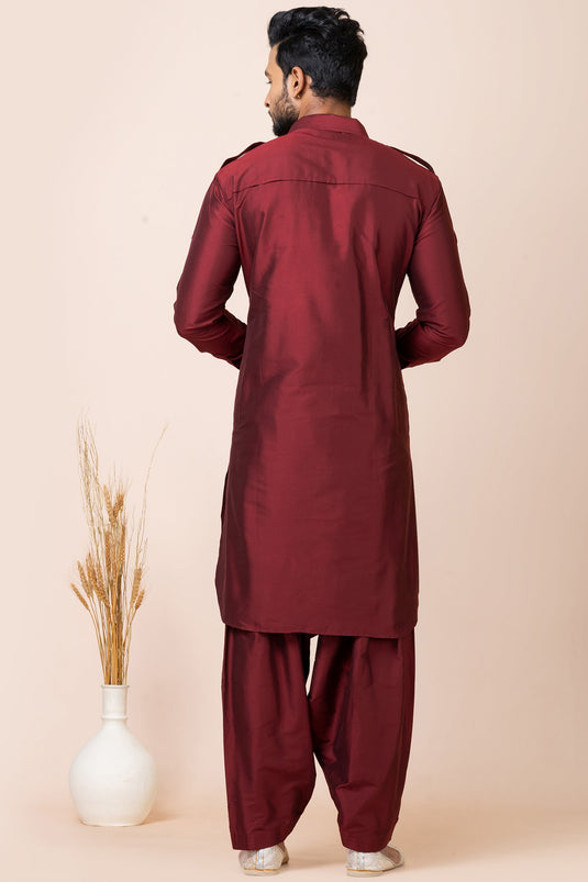 Contemporary Maroon Color Viscose Fabric Pathani Kurta Pyjama Set For Men