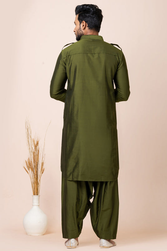 Vibrant Olive Color Viscose Fabric Pathani Kurta Pyjama Set For Festive