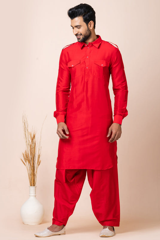 Classic Viscose Fabric Red Color Pathani Kurta Pyjama Set For Function