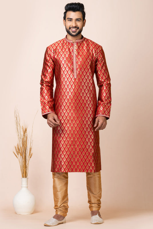 Red Color Jacquard Fabric Trendy Readymade Kurta Pyjama