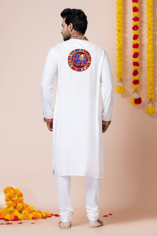 White Color Gorgeous Heavy Rayon Fabric Readymade Kurta Pyjama For Men