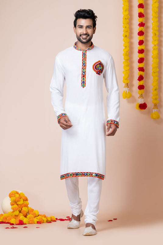 White Color Gorgeous Heavy Rayon Fabric Readymade Kurta Pyjama For Men