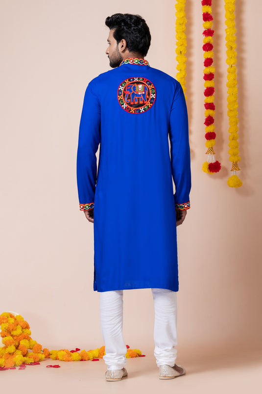 Beautiful Blue Color Readymade Kurta Pyjama For Men In Heavy Rayon Fabric