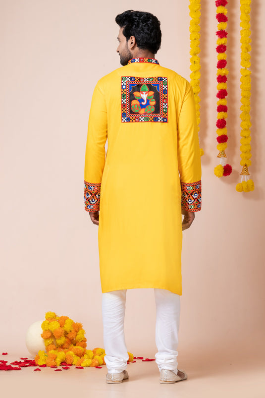 Yellow Heavy Rayon Fabric Graceful Readymade Men Kurta Pyjama