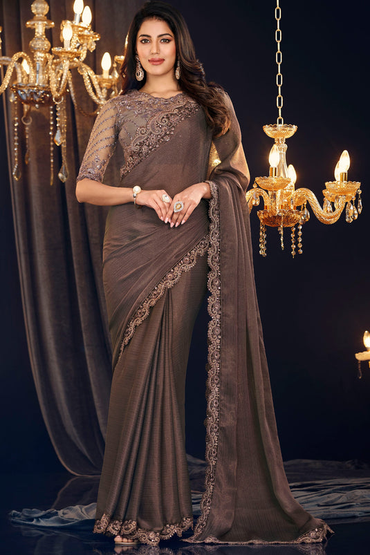 Border Work On Georgette Fabric Bewitching Saree In Beige Color