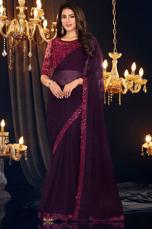 Purple Color Georgette Fabric Coveted Saree With Border Work