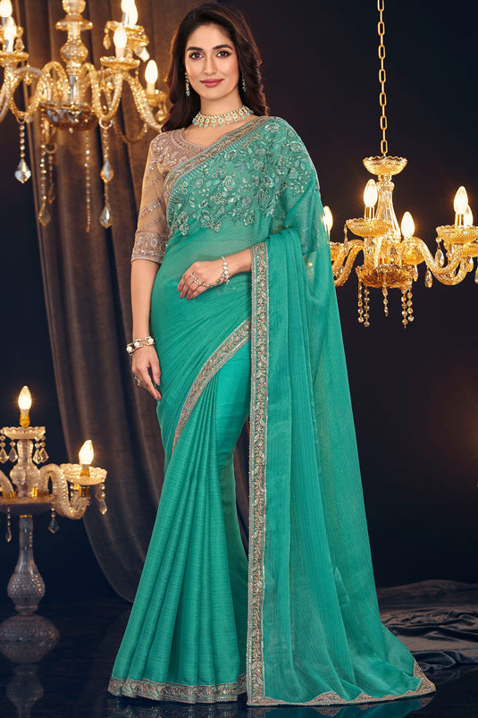 Georgette Fabric Cyan Color Riveting Saree With Border Work