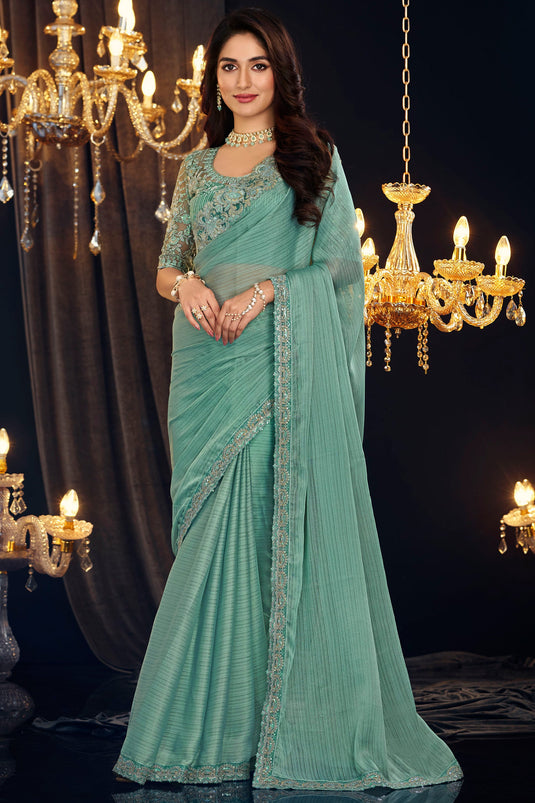 Border Work On Light Cyan Color Georgette Fabric Princely Saree