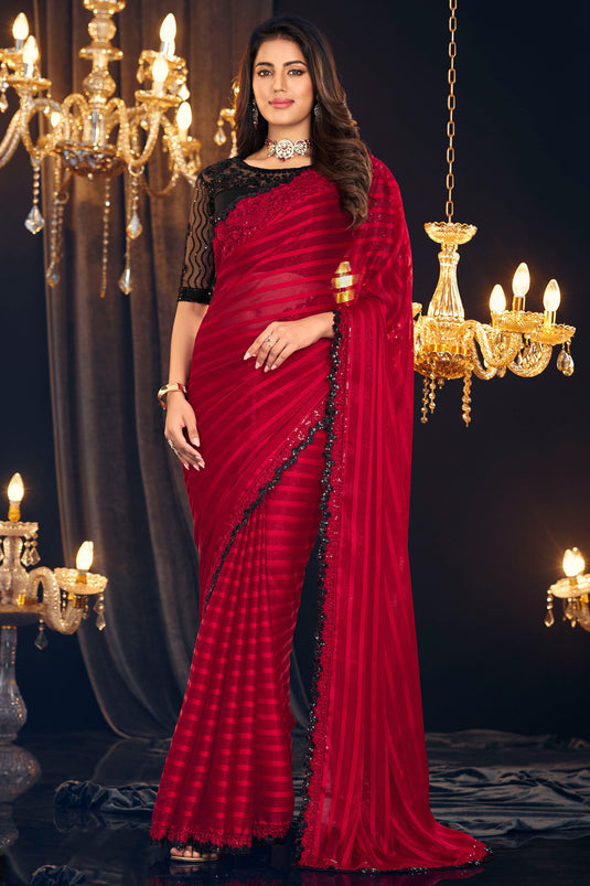 Red Color Georgette Fabric Engaging Saree With Border Work