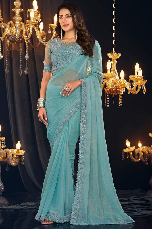 Excellent Georgette Fabric Sky Blue Color Saree With Border Work