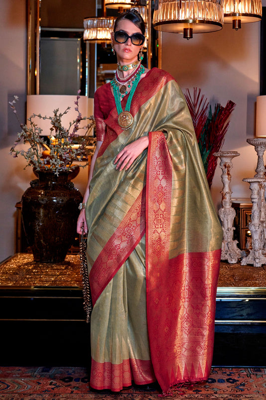 Shimmering Olive Traditions Wedding Function Saree