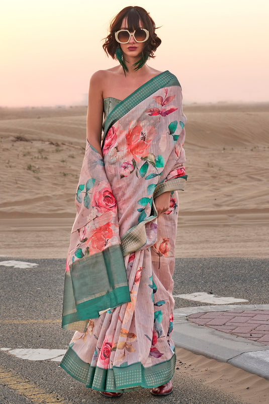 Linen Fabric Captivating Beige Color Floral Printed Saree