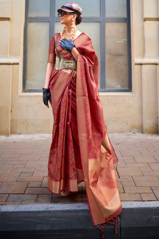 Function special Red Color Organza Fabric Weaving Work Tow Tone Saree