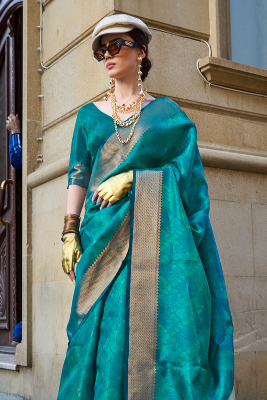 Teal Color Organza Fabric Weaving Work Tow Tone Saree For Function
